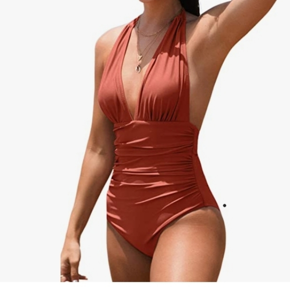 CUPSHE Women V Neck One Piece Swimsuit Halter Backless Ruched Tummy Control Bath